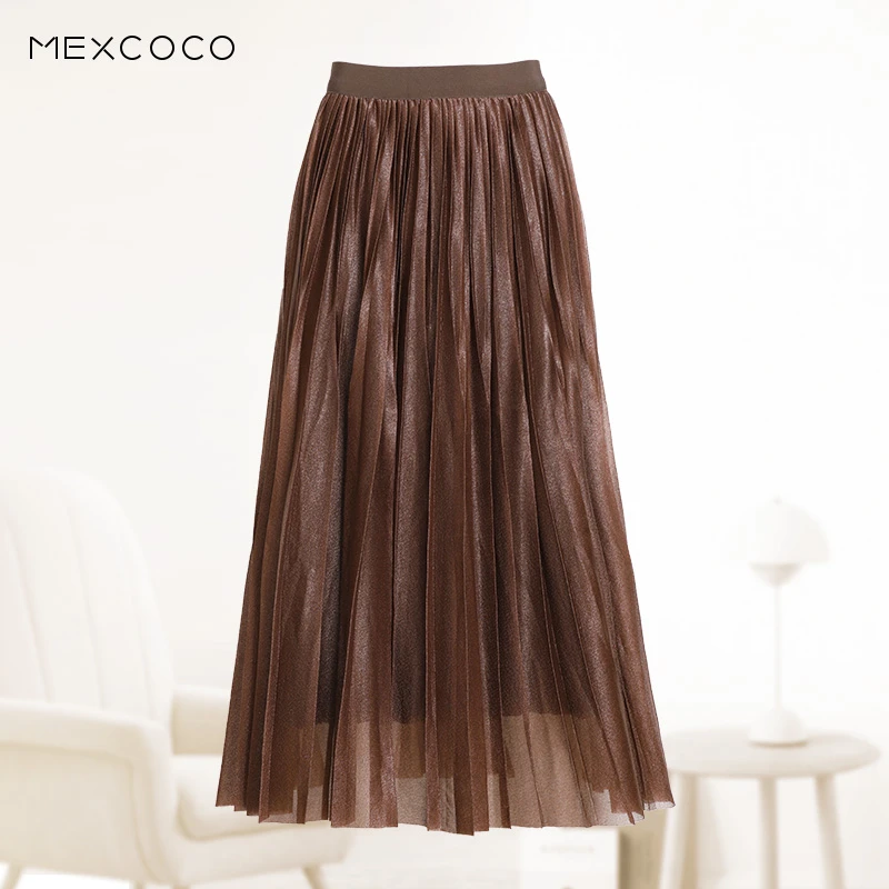 兰瑟儿早秋裙子新款气质纯色百褶高腰A字中长款半身裙A775QA0131