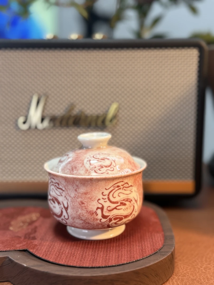A187【蜕观堂】景德镇手工手绘拓片元宝盖碗  80ml