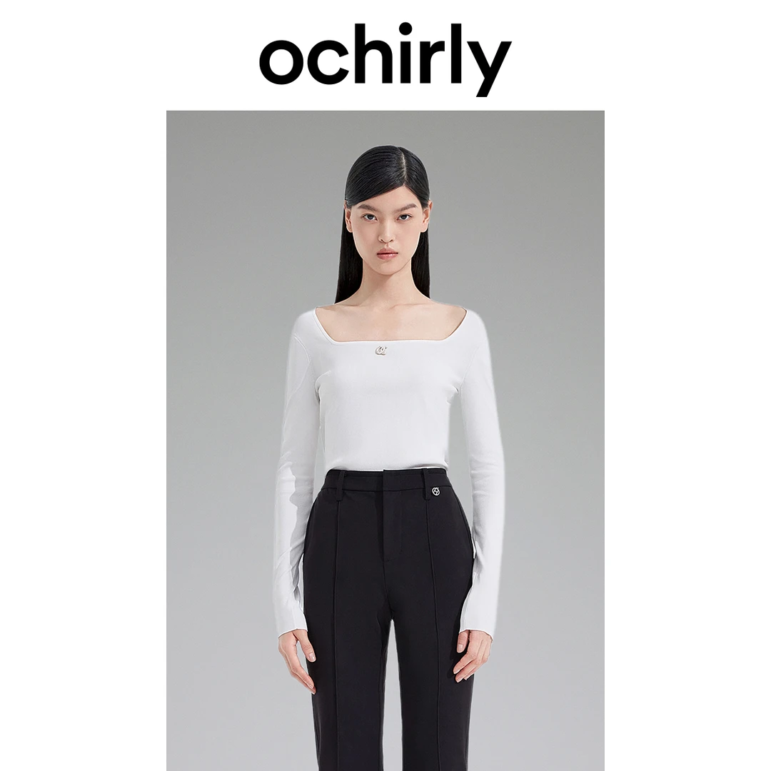 OCHIRLY欧时力 U领法式针织衫女新款秋装镂空显瘦短款修身