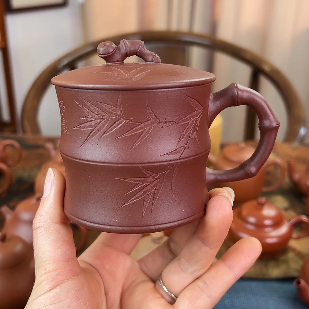 茶壶紫砂精品 竹节盖杯单杯 紫泥 240cc