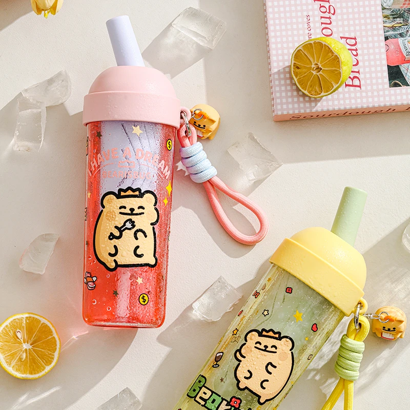 曙曦小熊虫新款吸管水杯女生夏天成人儿童可爱便携大容量塑料杯