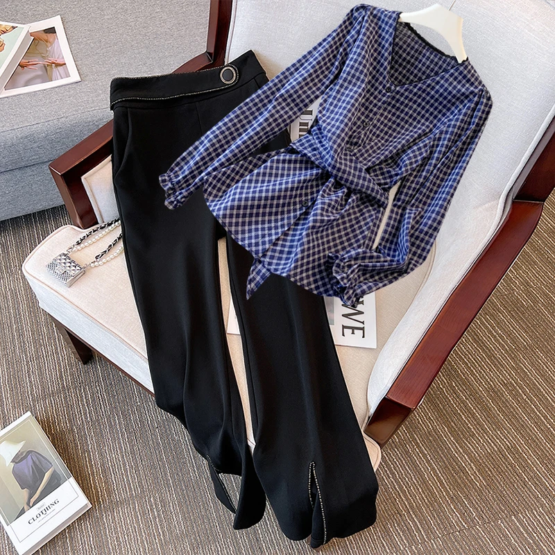 秋装时尚洋气减龄套装女士大码高级感蕾丝边格子衬衫微喇裤两件套