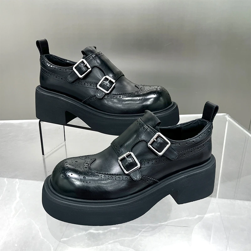 【左右华菲】5.5布洛克英伦风时尚厚底乐福鞋2025秋季新款真皮单鞋