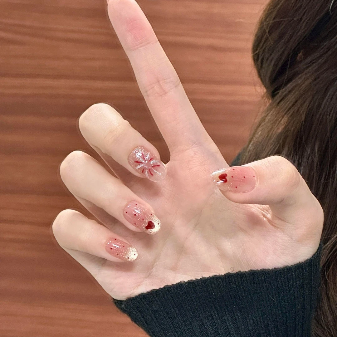 【璀璨烟火】裸色腮红渐变烟花猫眼美甲穿戴甲片短款秋冬显白美甲