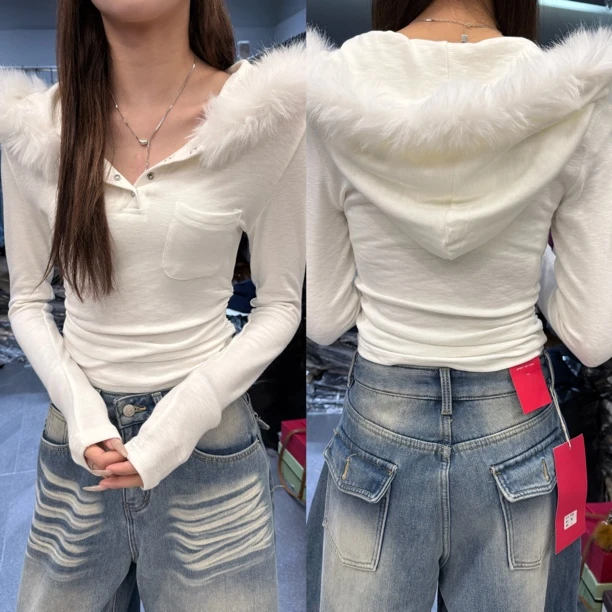 小凤定制/加绒环保毛连帽长袖秋冬女修身长袖高领通勤风连帽T恤