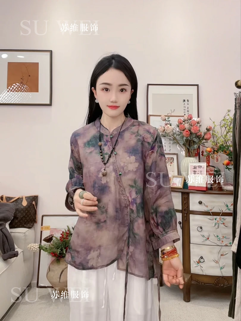 8068-3苎麻双层碎花衬衫新中式斜襟时尚小衫提花中国风