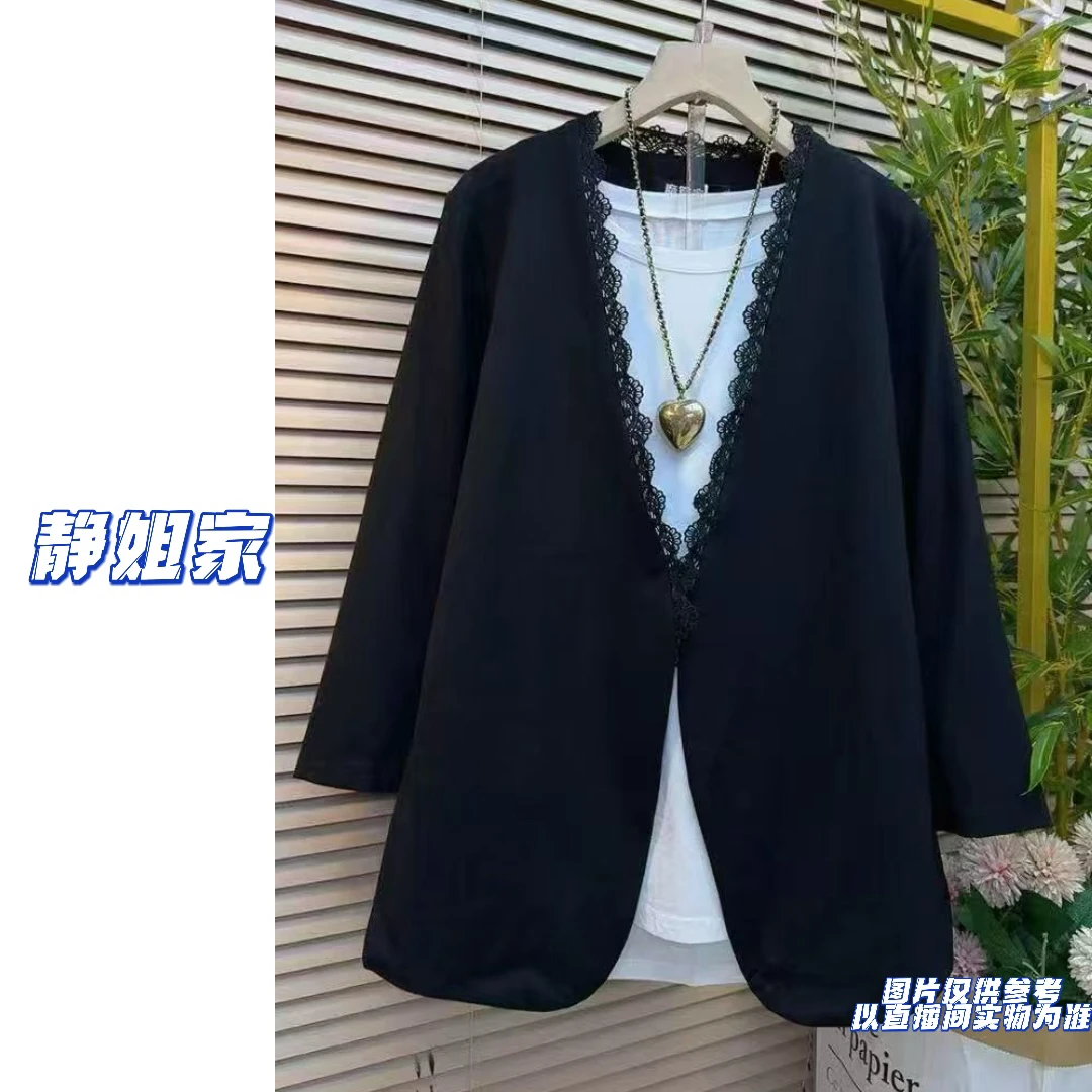 JING定制大码2162春秋新款宽松蕾丝拼接纯色西服外套