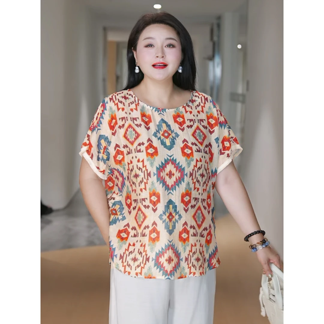 MsShe大码女装2025【天丝亚麻】民族风印花流苏织带小衫J~Q2506014