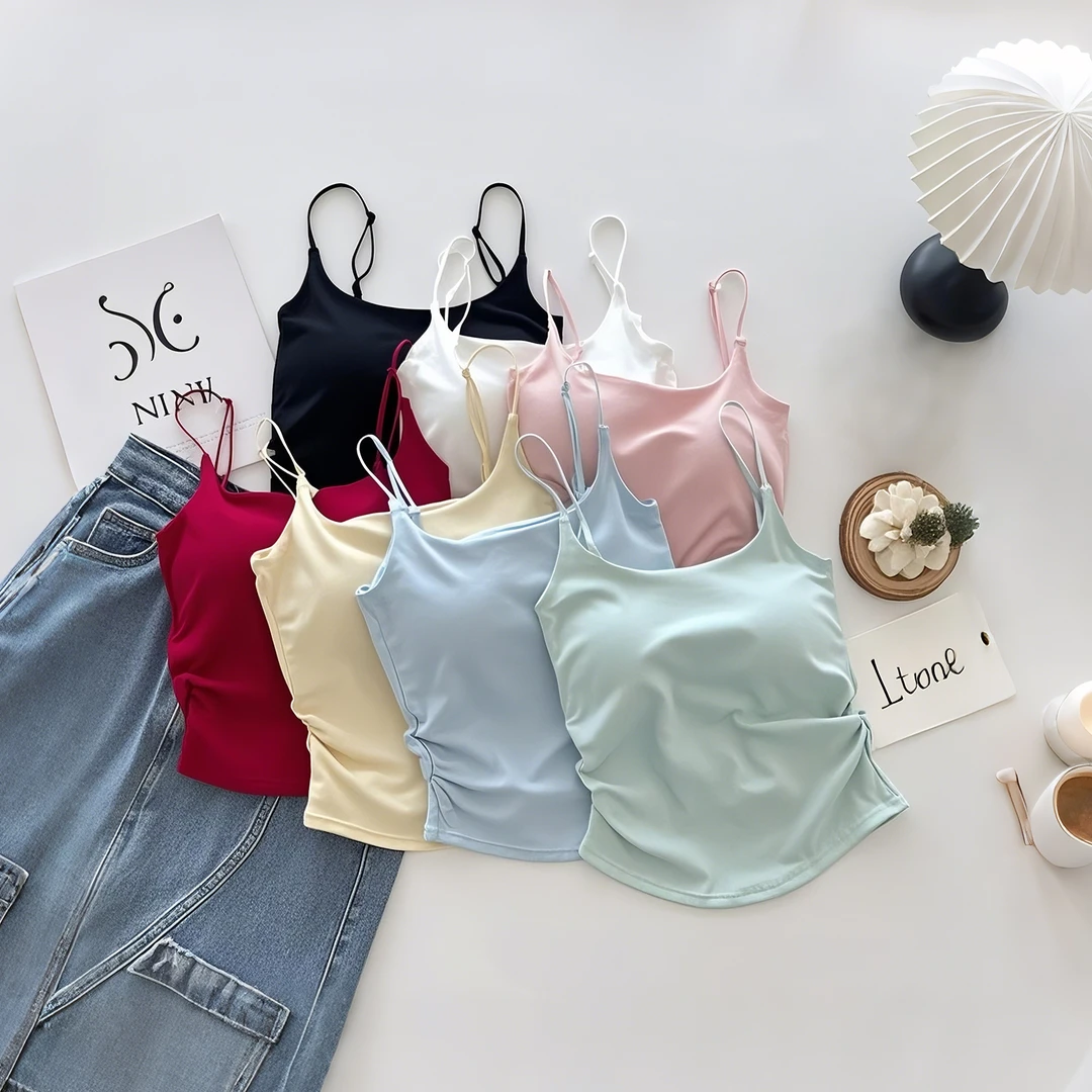 上新优惠 夏季设计感褶皱吊带背心女外穿内搭带胸垫修身美背内衣
