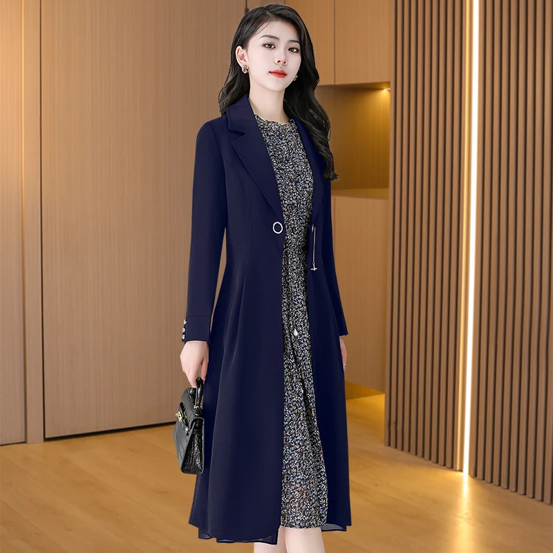 深蓝色中长款大码气质风衣外套女休闲百搭春秋洋气减龄女神范高端