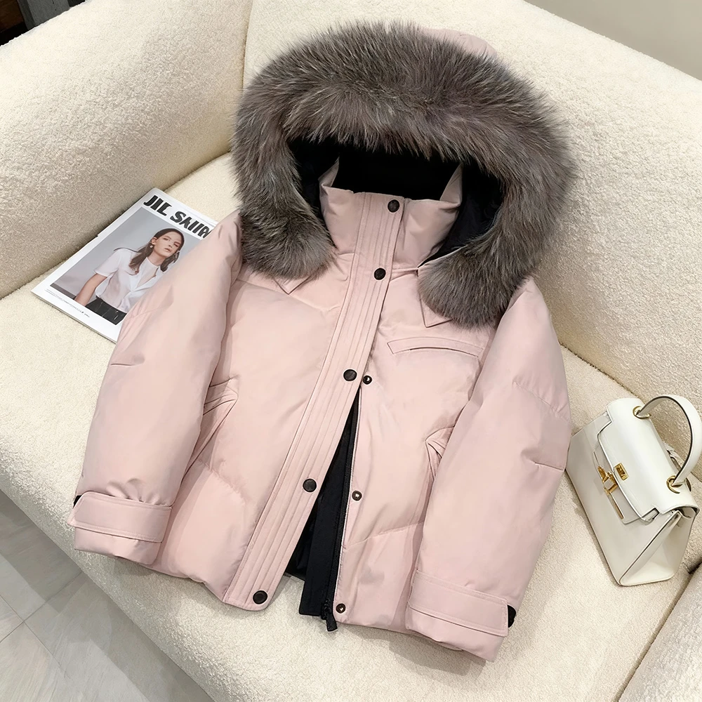 粉色大毛领连帽短款加厚棉服外套女冬季韩系高级感保暖面包服上衣