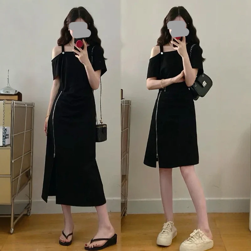 2025夏季新款设计感气质纯欲露肩连衣裙胖mm收腰显瘦大码中长裙子