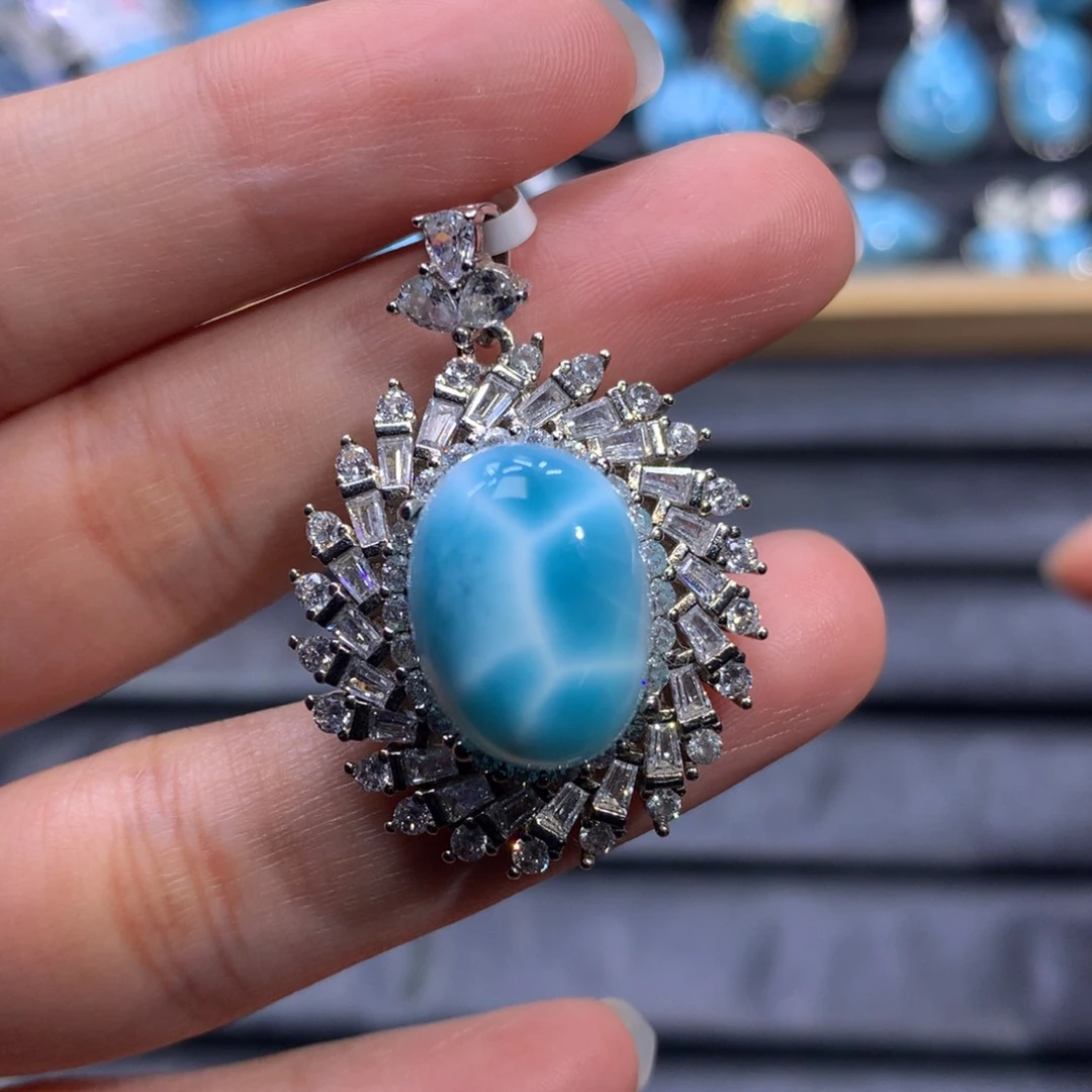 针钠钙石（海纹石）银S925镶嵌颈饰蛋面吊坠色差略异