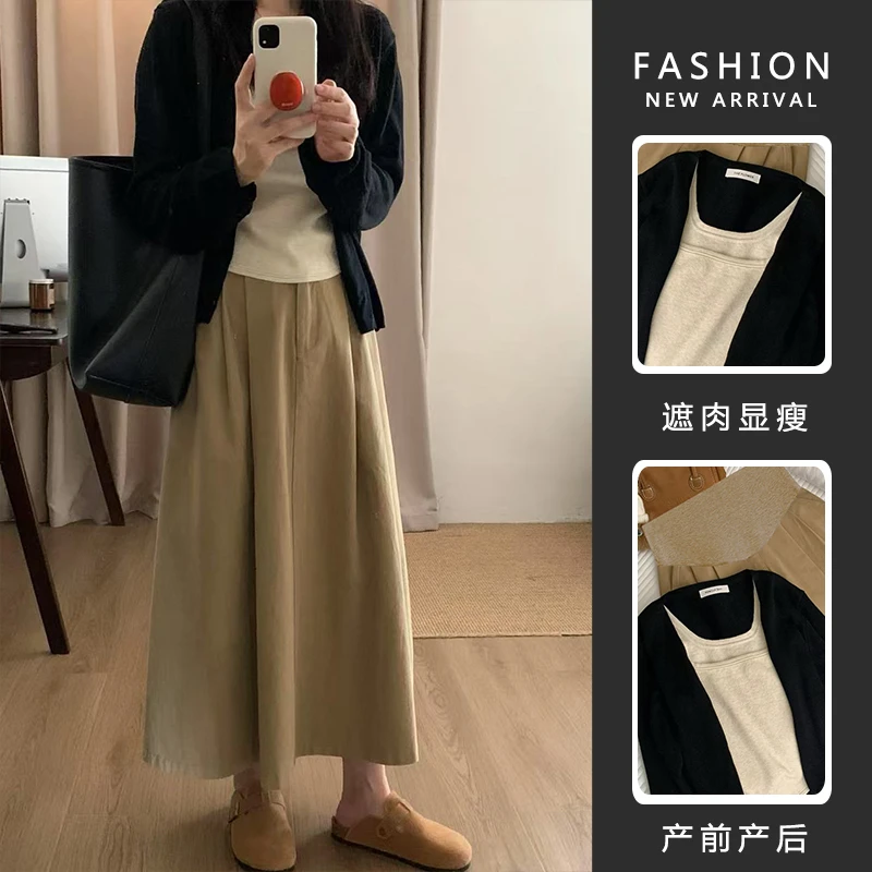 2025春季孕妇薄款显瘦宽松上衣针织开衫外套百搭卡其色半身裙套装