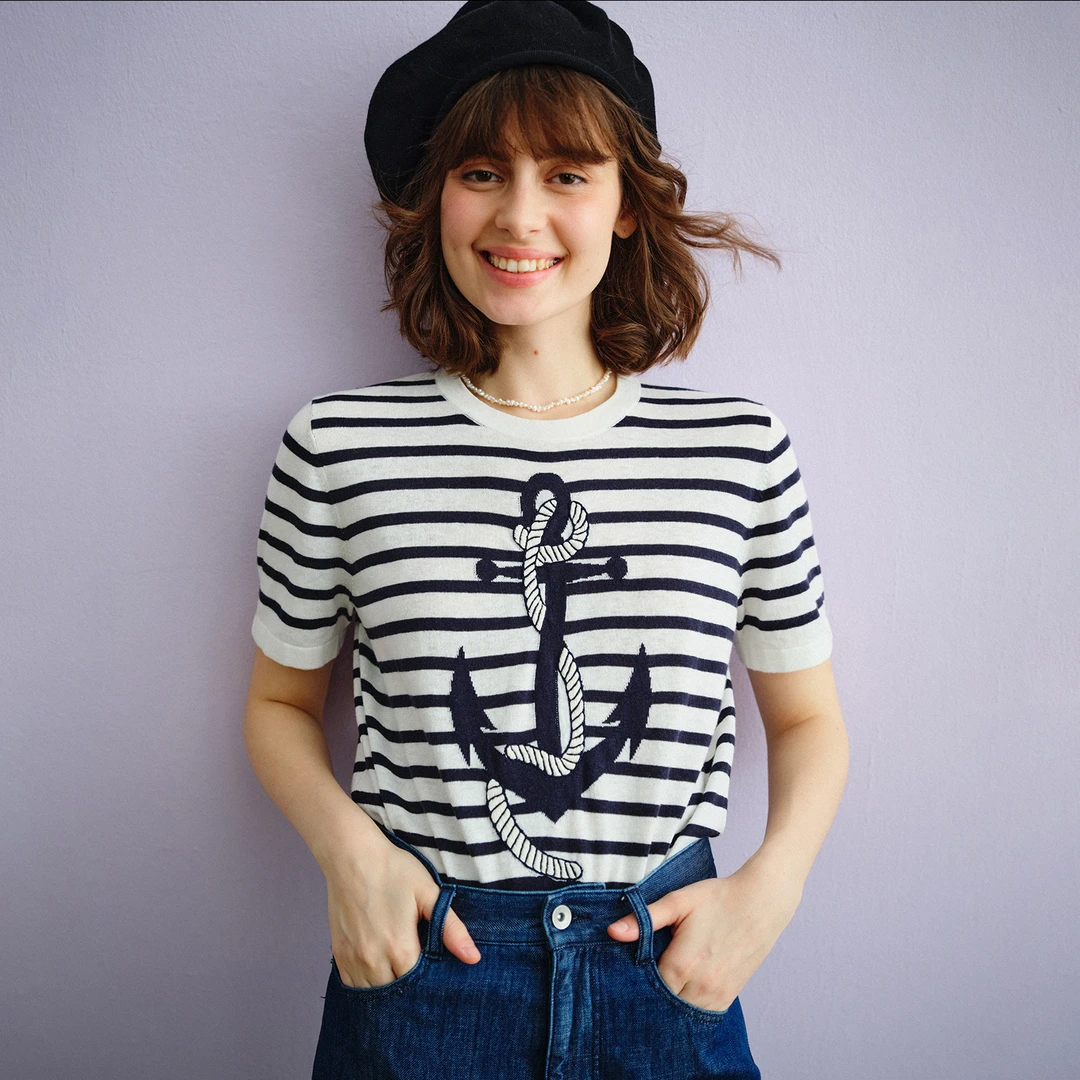 小虫设计师航海系列 提花工艺亚麻棉混纺条纹短袖针织衫TE3XMT036