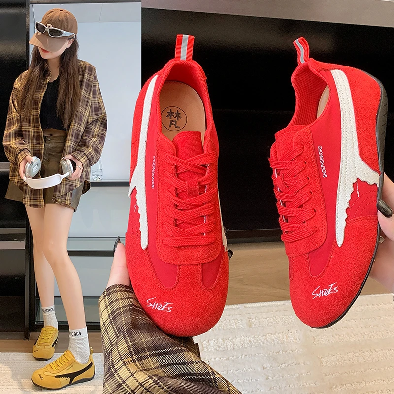 平底复古系带德训鞋红色女鞋2025春季新款软底运动休闲鞋小众单鞋