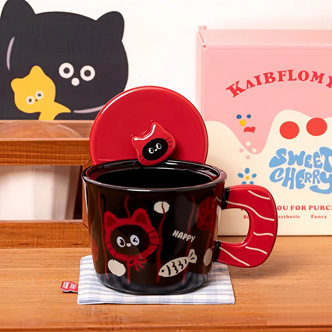 可爱猫咪陶瓷带盖马克杯高颜值情侣生日礼物家用咖啡杯