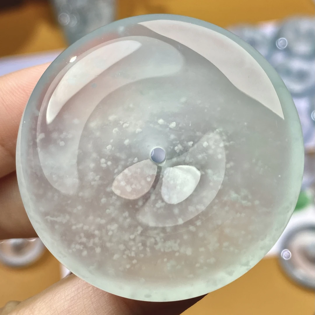 天然缅甸a货翡翠平安扣高冰雪花棉晴底大尺寸扣子 尺寸:42.7-8.2