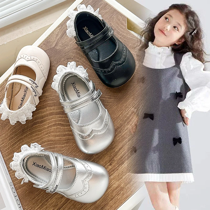 女童小皮鞋2025春秋新款女孩蕾丝边洛丽塔公主鞋女宝宝浅口单鞋