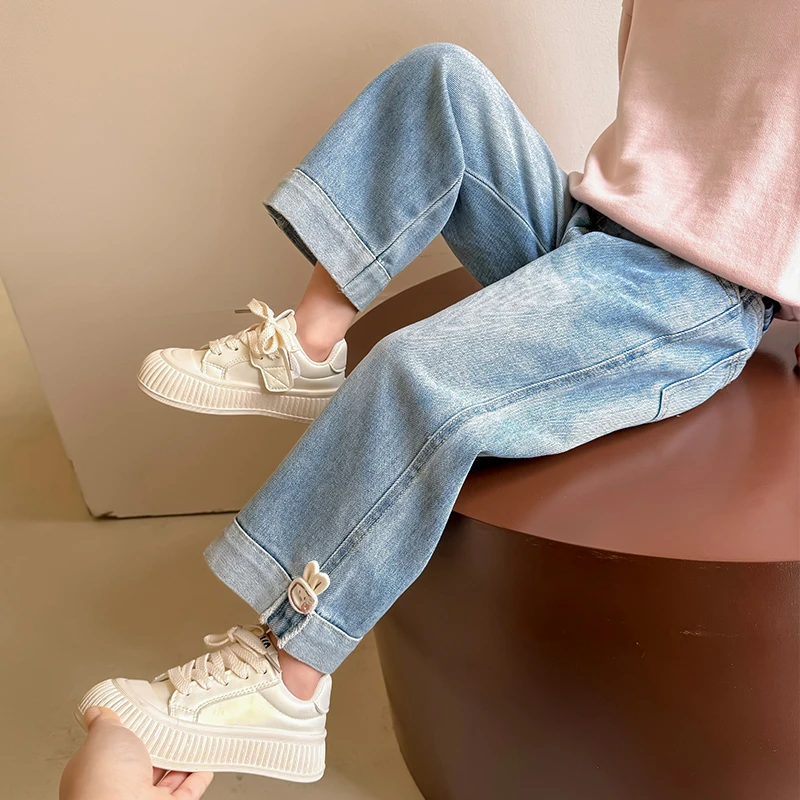 女童洋气春秋薄款直筒阔腿裤女宝宝2025新款时髦儿童牛仔裤子秋装