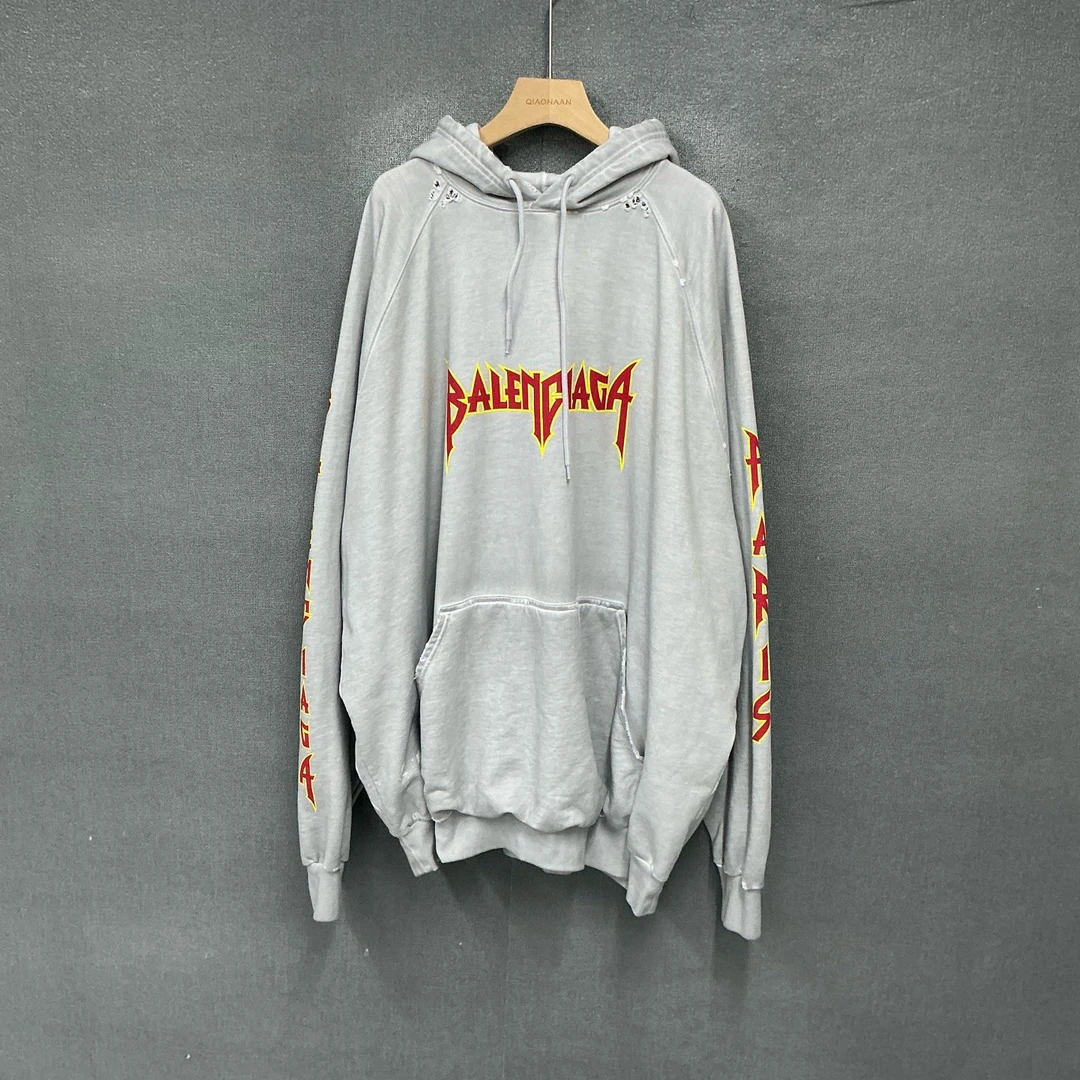 未使用 Balenciaga/巴黎世家 火焰裂纹泼墨做旧帽衫卫衣 2码/7884