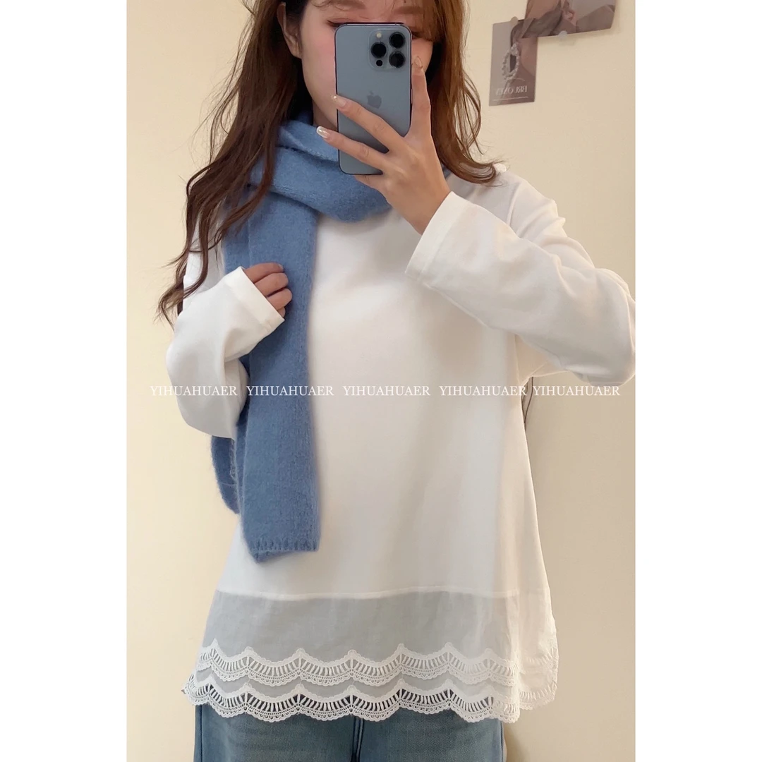 【素色心情】B东大门韩版蕾丝花边两侧开叉设计感T恤2105