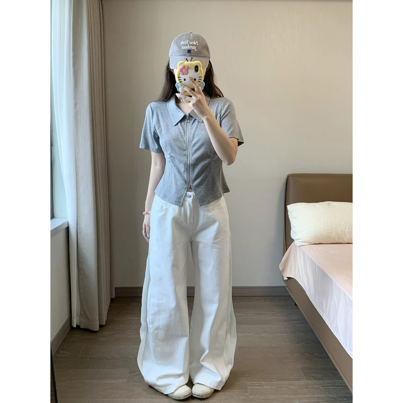 小沈美眉微胖梨形显瘦丝巾腰带牛仔裤夏宽松阔腿高腰拖地长裤子女