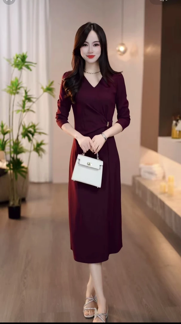 2025秋季新款樱桃红色V领收腰系带优雅时尚气质显瘦连衣裙