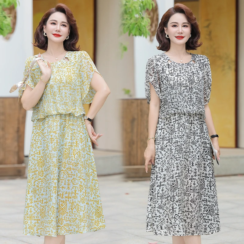 中年妈妈夏装连衣裙2025新款中老年女装气质雪纺裙夏季短袖长裙子