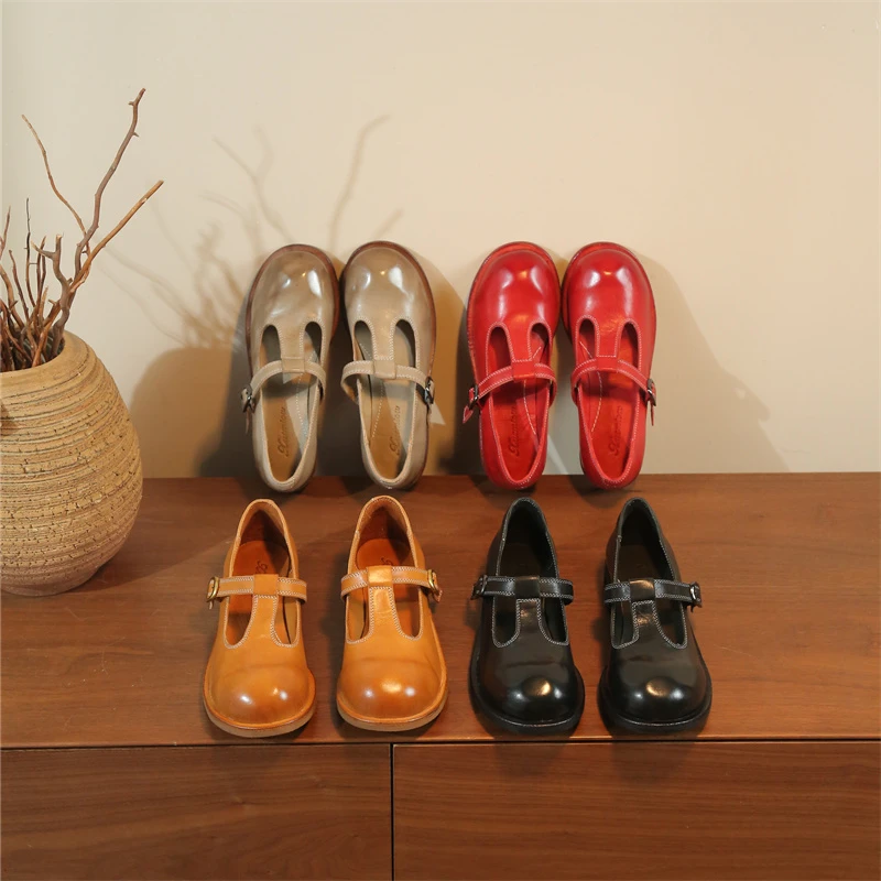 水洗马皮复古做旧玛丽珍鞋女鞋小个子粗跟高跟皮鞋6812-151