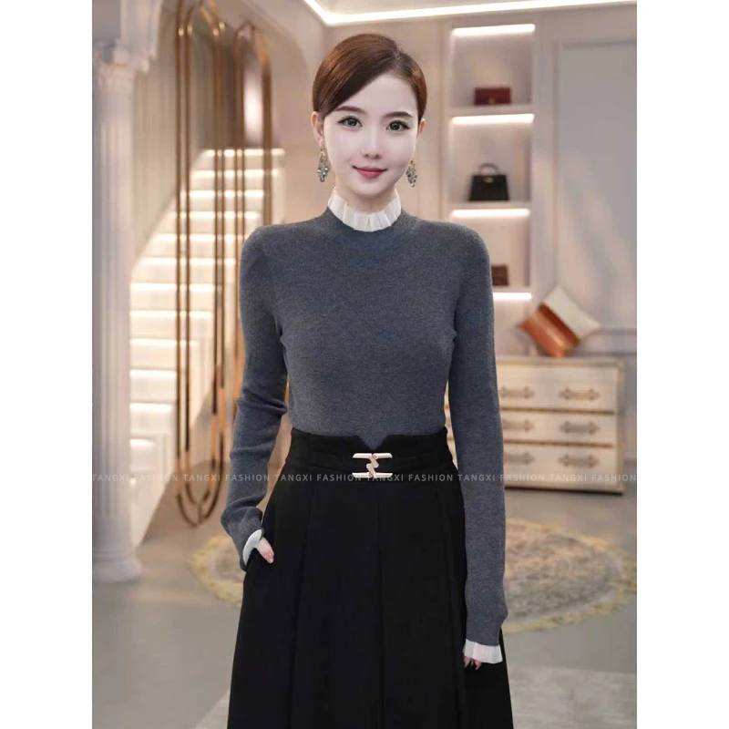 2026秋冬新款【8402】含绵羊毛洋气木耳边设计烟云灰毛针织衫打底女