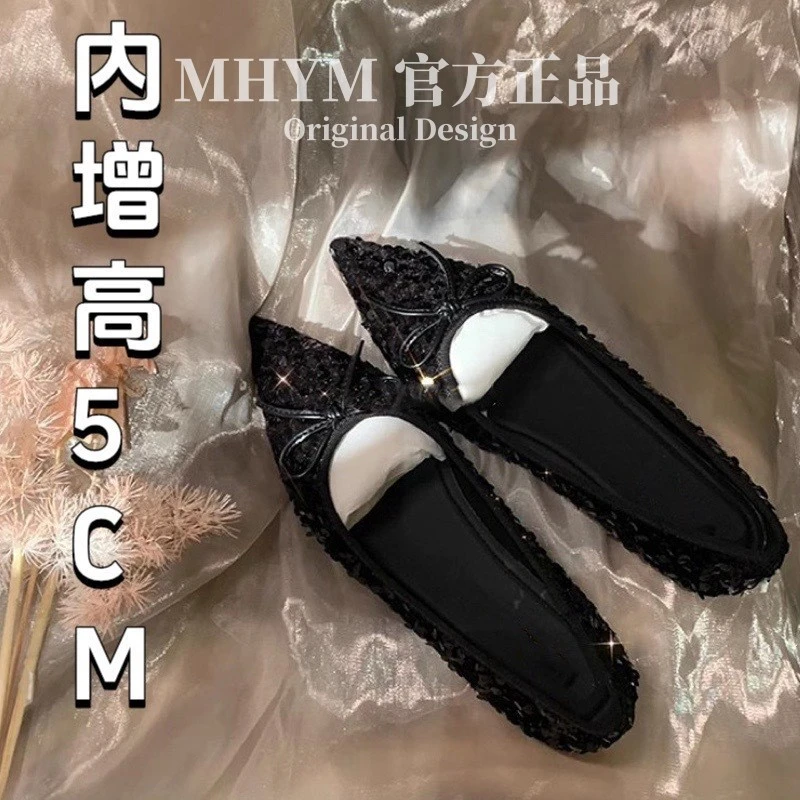 现货内增高5cm~聚会焦点闪闪亮片小尖头浅口软底约会蝴蝶结单鞋女