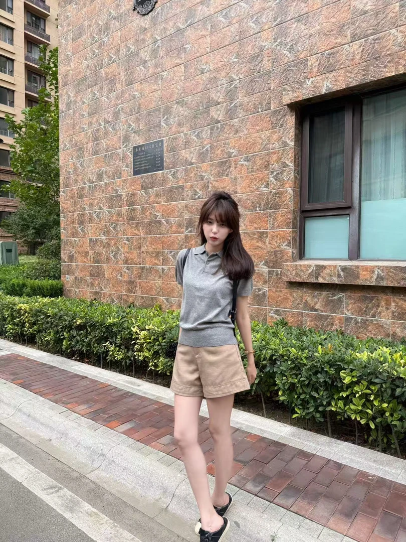 LOUYIMENG【老钱新贵】高级感灰色针织polo衫T恤夏季老钱风上衣女