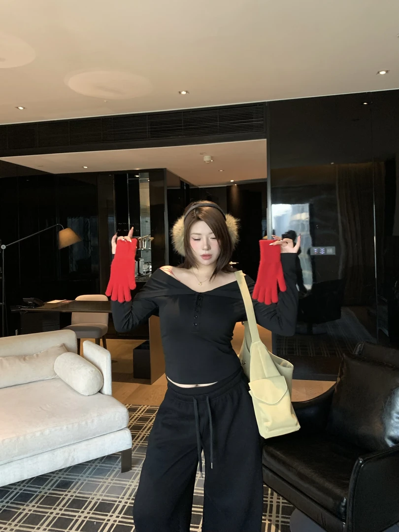 【无中生腰】大码胖MM性感黑色翻领一字肩上衣2572-2