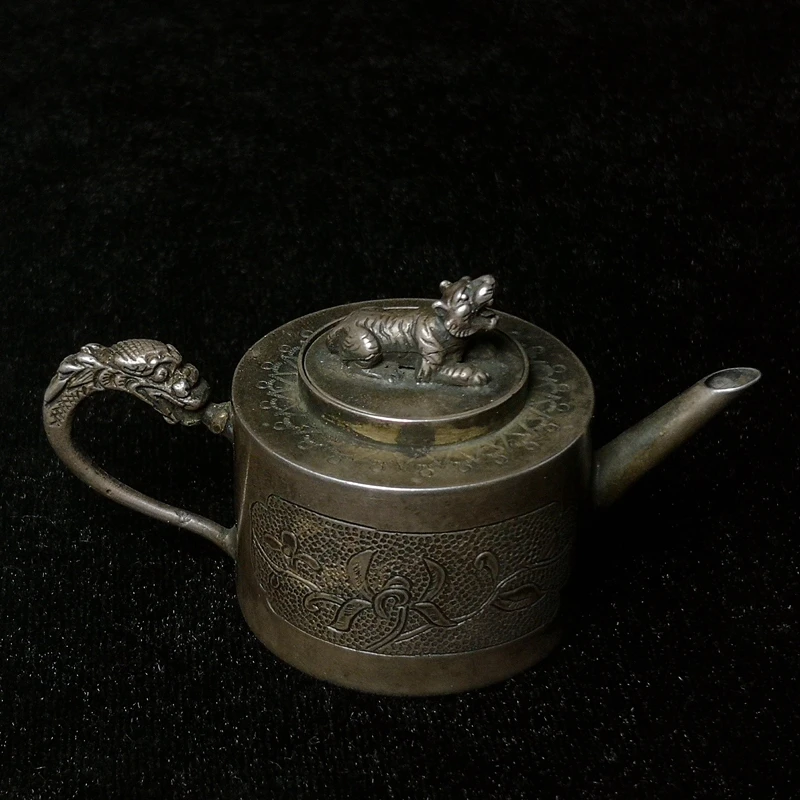 旧藏古玩手工制作纯银龙把老虎砚墨水滴收藏老物件长7.5公分37克