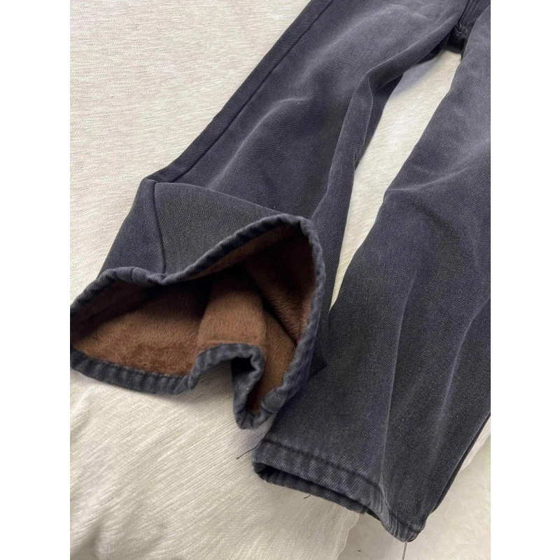 大码黑色加绒牛仔裤女春秋胖mm梨形身材宽松显瘦高腰阔腿拖地裤子