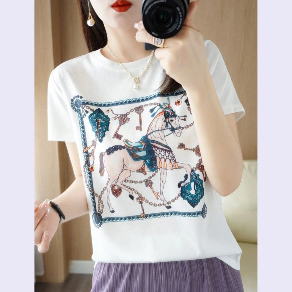 1188夏季时尚圆领短袖女显瘦气质百搭显瘦缎面拼接短袖