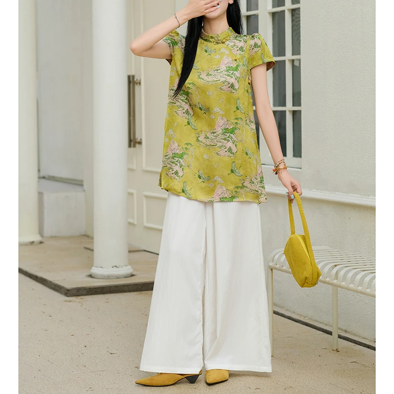 新中式国风改良旗袍上衣宽松短袖盘扣衬衫T恤女5181-25206