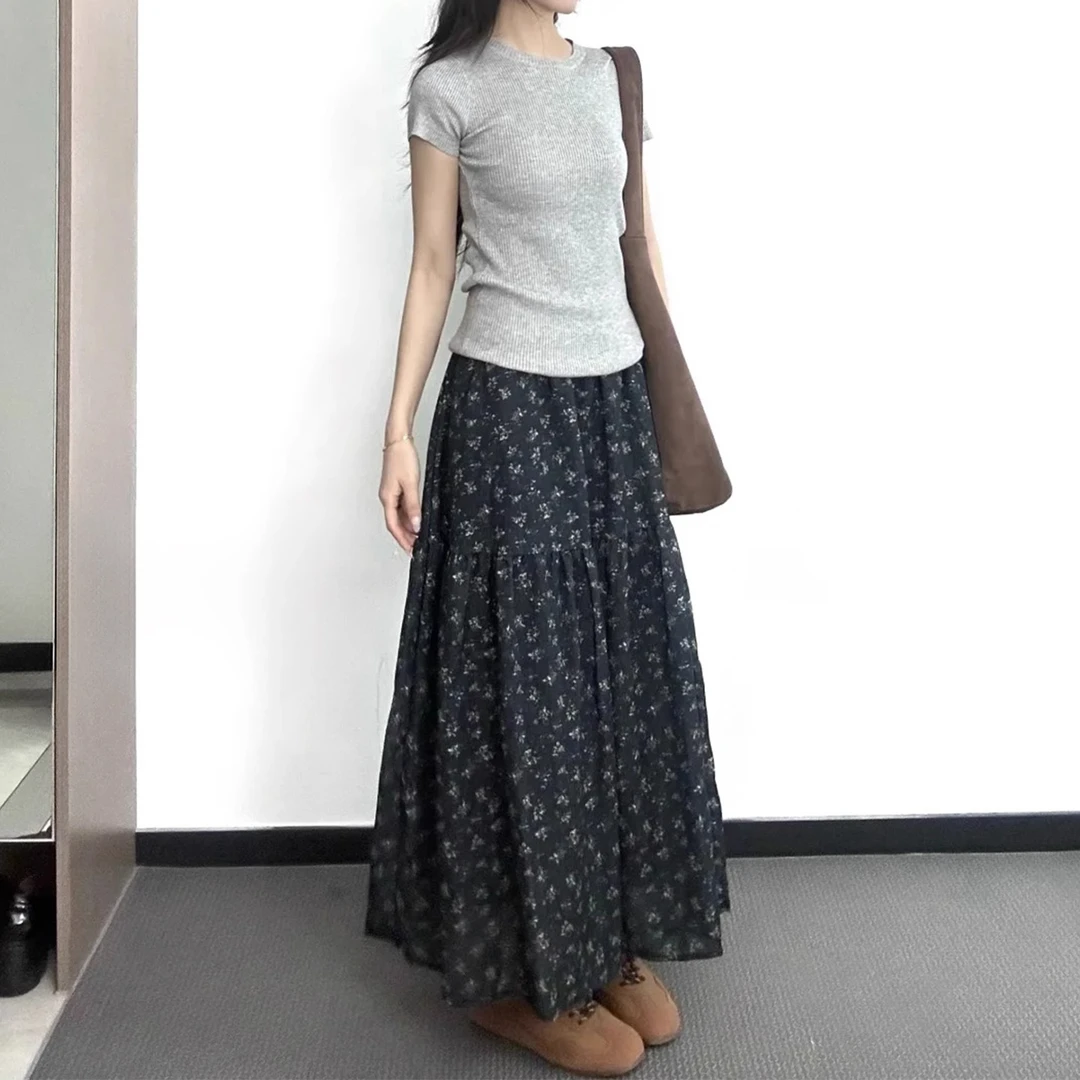 棉麻碎花半身裙女夏季新款胖妹妹mm遮胯显瘦松紧腰a字伞裙中长款