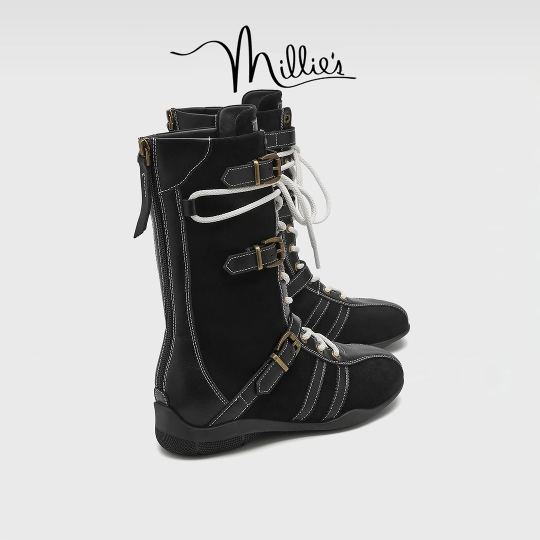 MILLIE'S/妙丽真皮马丁靴女2025秋季新款复古绑带机能芭蕾鞋短靴