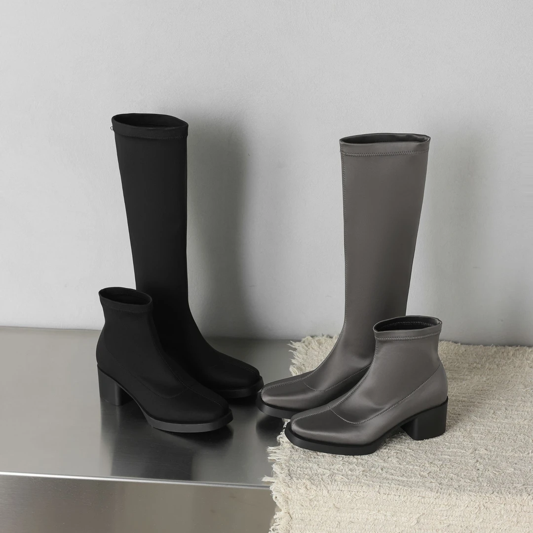 5cm厚底弹力瘦瘦靴缎面高筒短筒小个子小腿粗靴子中跟四季通用