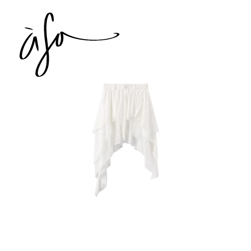 ASA-【白色不规则蕾丝拼接半裙】