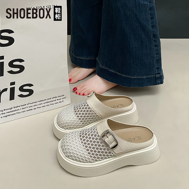 SHOEBOX鞋柜厚底包头半拖鞋女2025夏新款外穿一脚蹬勃肯拖鞋女
