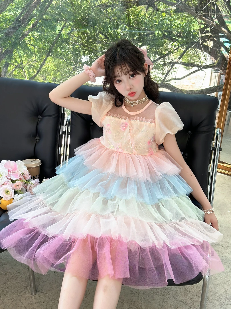 女童夏季彩色蛋糕裙2025新款女孩亮片网纱公主裙甜美泡泡袖礼服裙