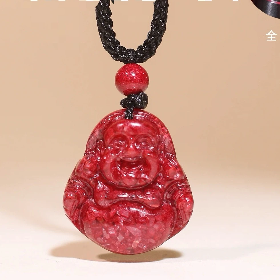天然辰砂晶体砂弥勒佛朱砂吊坠全透大颗粒男女本命年挂坠礼物