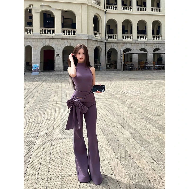纯欲风高领无袖上衣女2025夏季新款高腰绑带微喇休闲裤长裤两件套