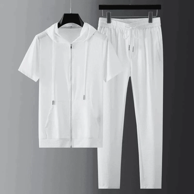 夏季休闲运动套装男轻薄透气微弹时尚连帽开衫短袖T恤高档两件套