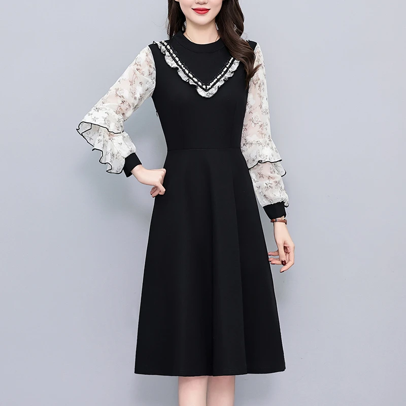 雪纺印花假两件套修身中长款大码女装胖mm胖妹妹洋气长袖连衣裙春