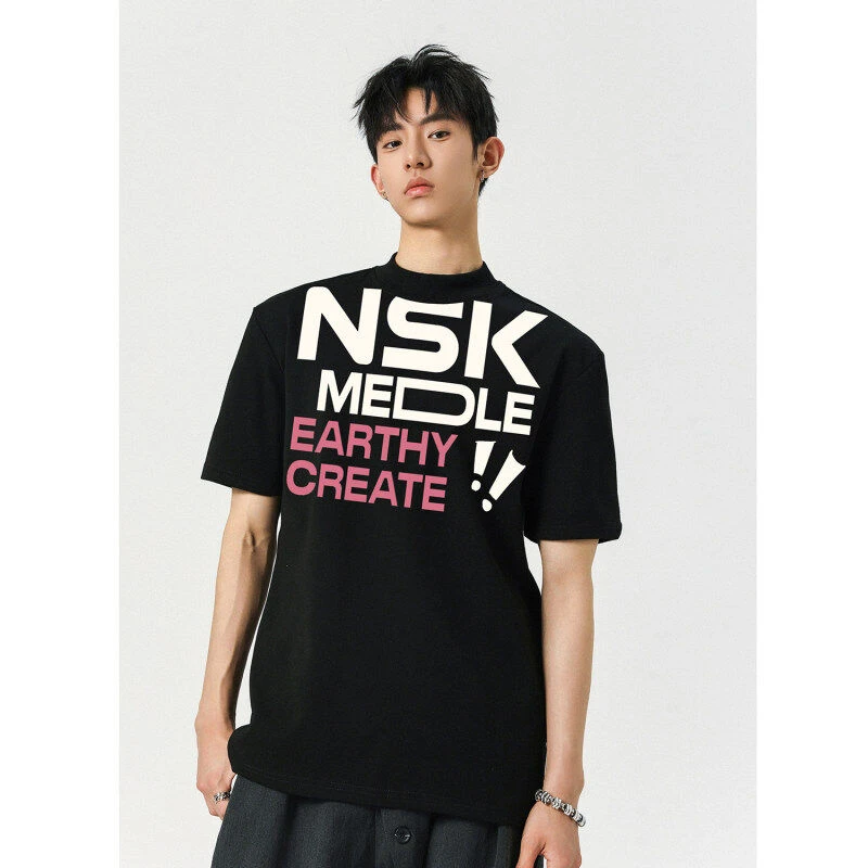 SiaLoss 美式半高领字母印花短袖T恤男夏季新款休闲重磅痞帅半袖