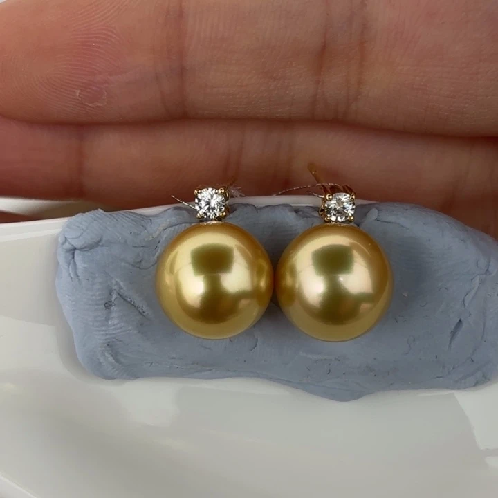 定制海水珍珠18K金镶嵌耳饰11-12mm金珠戴妃款耳饰一对